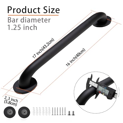 Rackickyer Shower Grab Bar, 2 Pack 16 Inch Black Bathroom Grab Bar, 1.25" Diameter 304 Stainless Steel Anti-Slip Grab Bars for Bathtubs and Showers, Handicap Shower Grab Bar for Seniors Elderly - Image 2