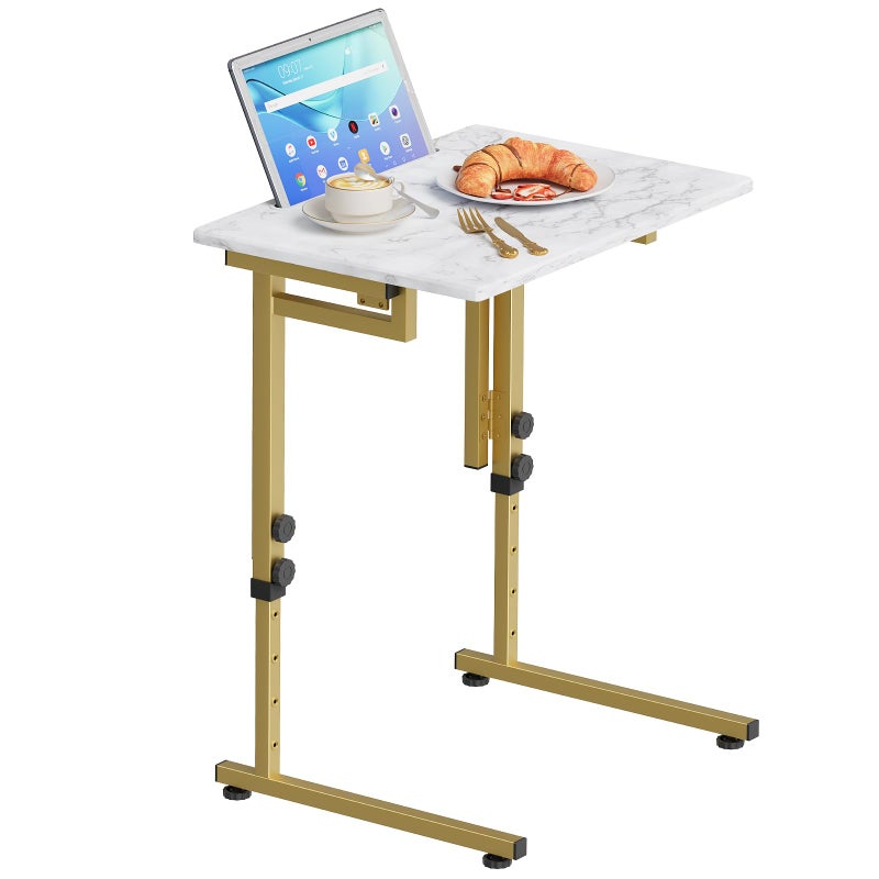Katrawu Folding tv Tray Dinner Snack Table,6 Height Adjustable Slide Under Couch Side Table, Portable Small Foldable C-Shaped End Table for Eating with Sturdy MDF Top,No Assembly(White Marble+Gold) - Image 1