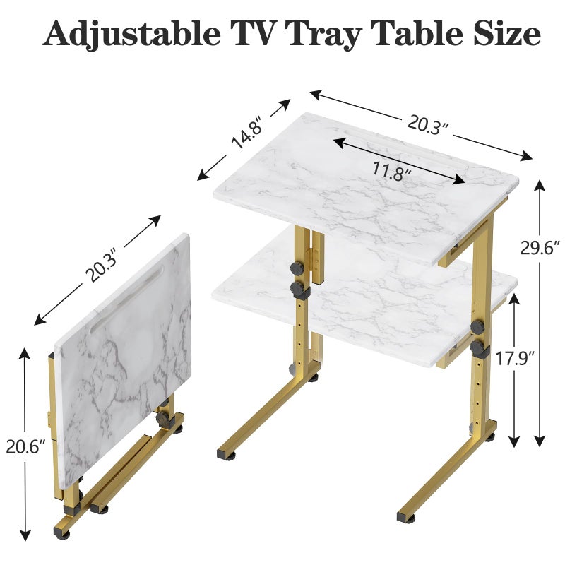 Katrawu Folding tv Tray Dinner Snack Table,6 Height Adjustable Slide Under Couch Side Table, Portable Small Foldable C-Shaped End Table for Eating with Sturdy MDF Top,No Assembly(White Marble+Gold) - Image 3