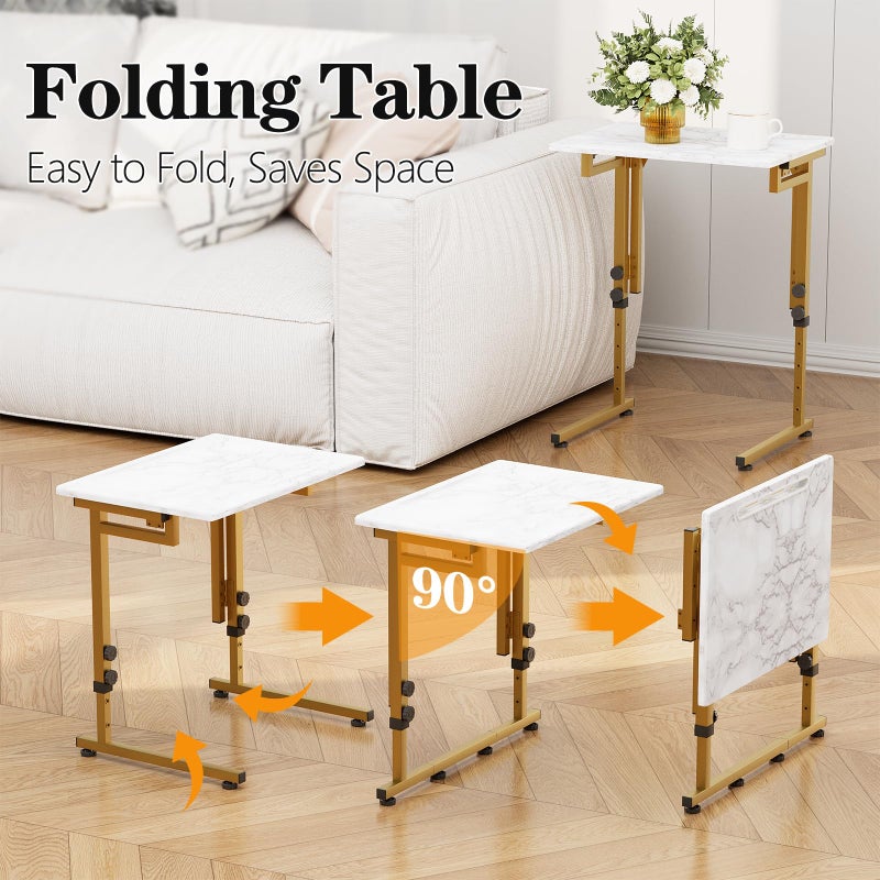 Katrawu Folding tv Tray Dinner Snack Table,6 Height Adjustable Slide Under Couch Side Table, Portable Small Foldable C-Shaped End Table for Eating with Sturdy MDF Top,No Assembly(White Marble+Gold) - Image 4