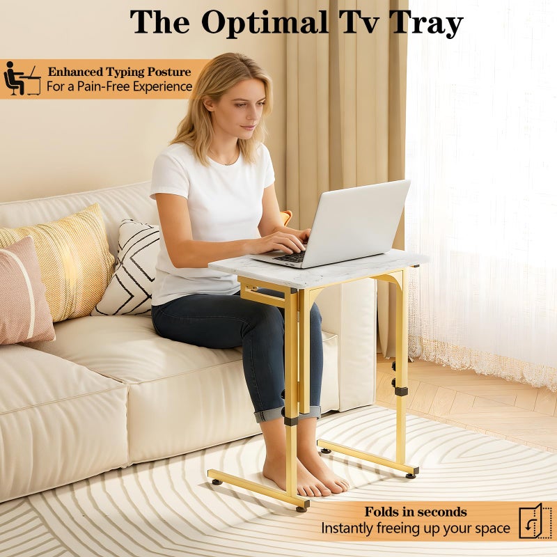 Katrawu Folding tv Tray Dinner Snack Table,6 Height Adjustable Slide Under Couch Side Table, Portable Small Foldable C-Shaped End Table for Eating with Sturdy MDF Top,No Assembly(White Marble+Gold) - Image 2