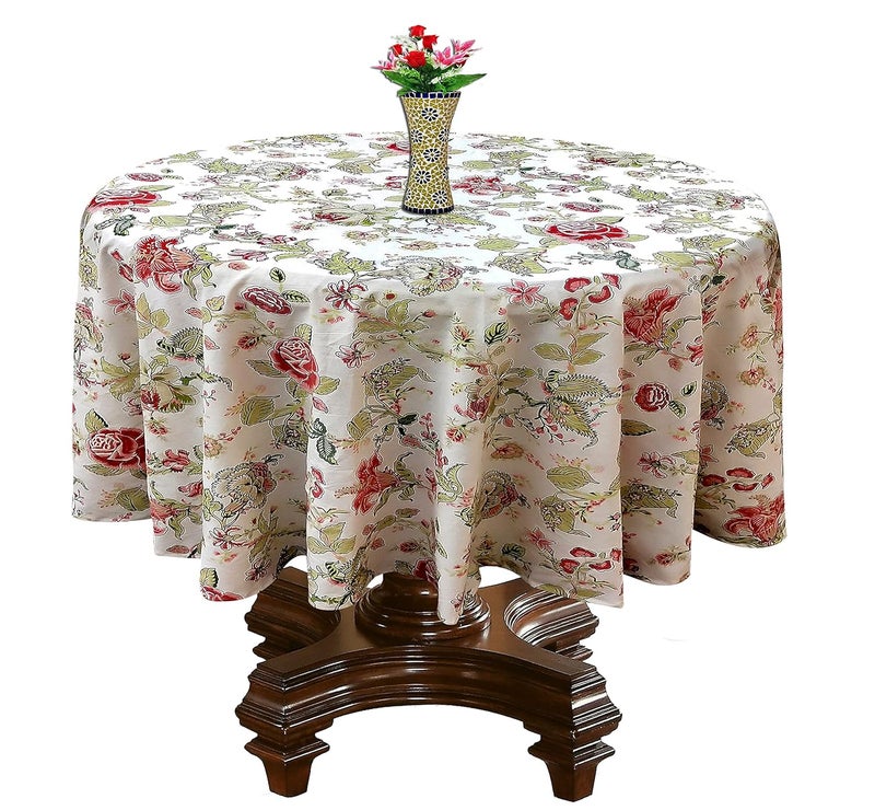 RHF Cotton Flowered Round 68 Seater Dining Table CoverTablecloth Table Cover 90 Inch Diameter GreenRedMulti Pack of 1 - Image 1