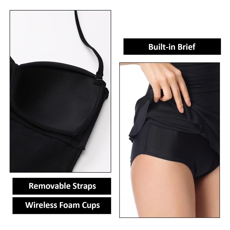 DOBREVA Women's Vintage One Piece Strapless Bathing Suit Tummy Control Skirt Retro Swimsuit Swimdress Black 14 - Image 5