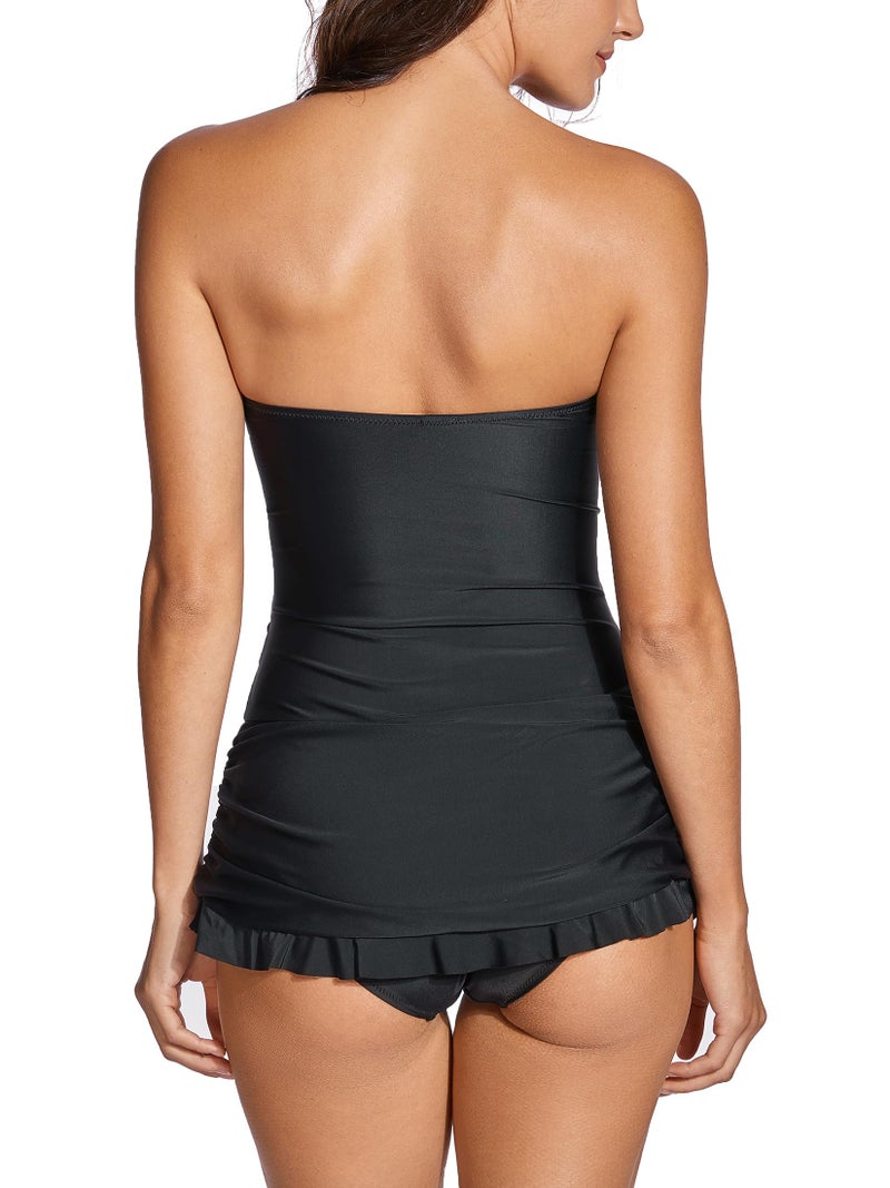 DOBREVA Women's Vintage One Piece Strapless Bathing Suit Tummy Control Skirt Retro Swimsuit Swimdress Black 14 - Image 2