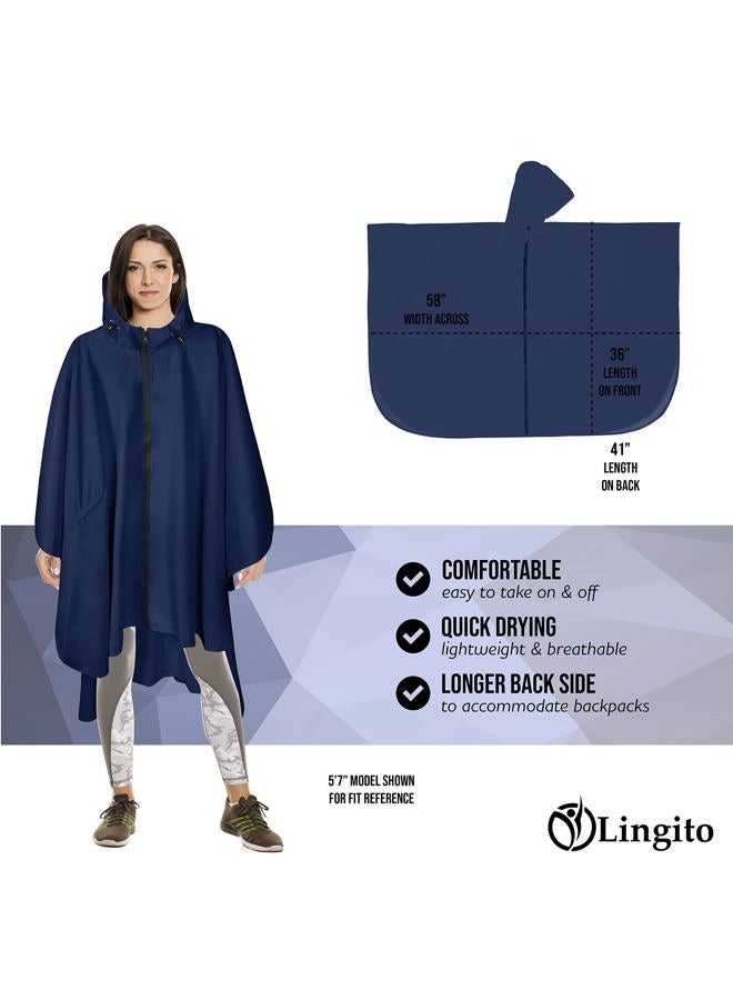 Lingito Heavy Duty Rain Poncho for Backpacking, Waterproof Lightweight for Adults, Military, Emergency, Camping, Men, Women, Round Navy Blue, One size - Image 2