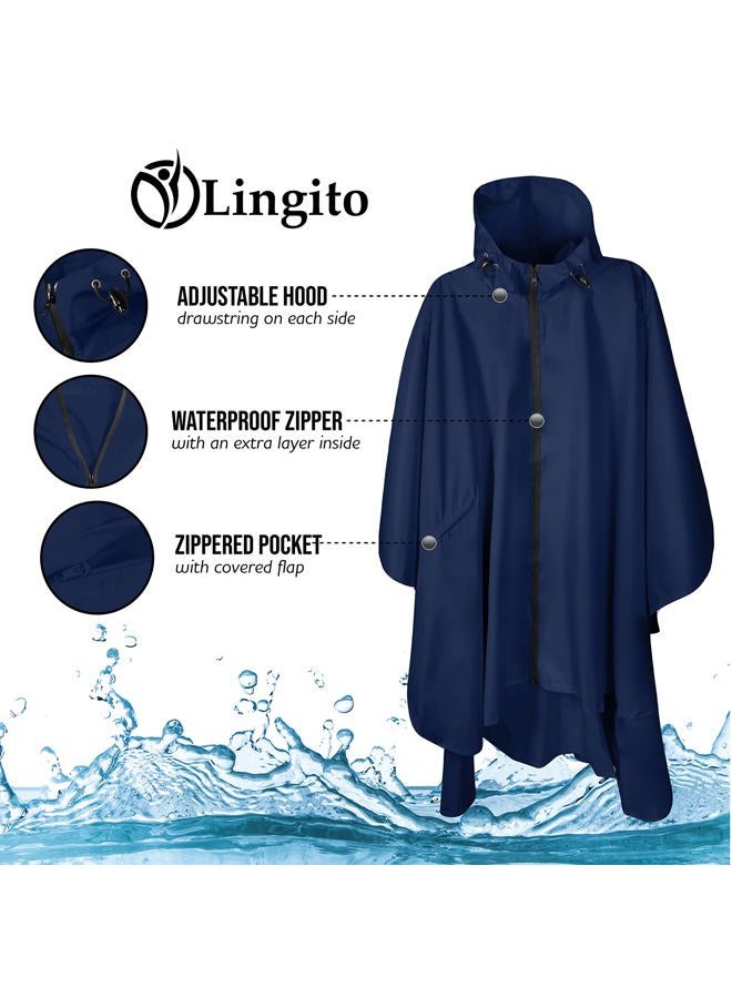 Lingito Heavy Duty Rain Poncho for Backpacking, Waterproof Lightweight for Adults, Military, Emergency, Camping, Men, Women, Round Navy Blue, One size - Image 4