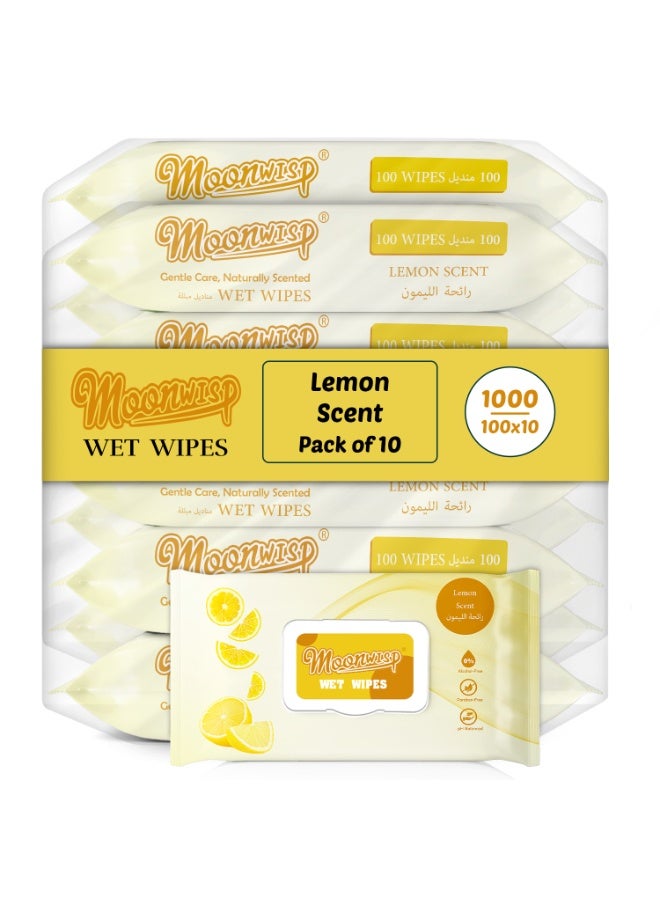Moonwisp Wet Wipes for Cleaning & Hand Sanitizing, Lemon Scented, All Purpose, Moisturizing Wet Tissue for Face & Body, Travel-Friendly Wipes for Adults & Kids - (1000 Count - Pack 10) - Image 1