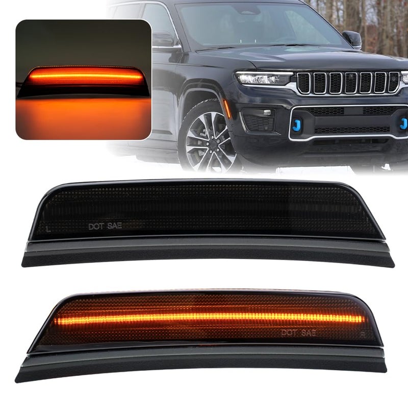 2PCS Amber Led Side Marker Lights for 20212024 Jeep Grand Cherokee L 20222024 Grand Cherokee WL Led Indicator Turn Signal Light Kit Smoked Lens Front Bumper Clearance Light OEM Replacement