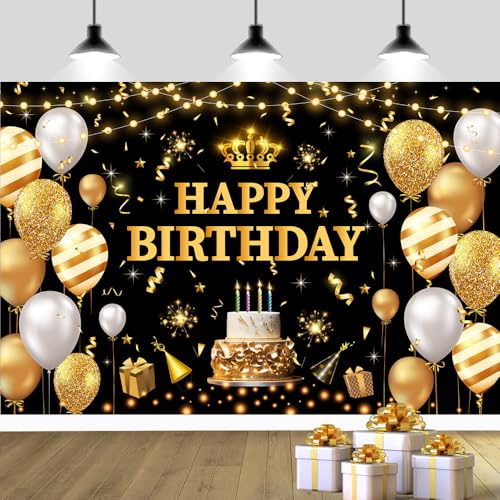 YinQin 180x120 cm Glitter Black Golden Happy Birthday Party Photo Backdrop Cloth 71x47 inch Photography Background Shiny Black Gold Happy Birthday Sign Banner Decorations for Women Men - Image 1