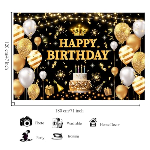 YinQin 180x120 cm Glitter Black Golden Happy Birthday Party Photo Backdrop Cloth 71x47 inch Photography Background Shiny Black Gold Happy Birthday Sign Banner Decorations for Women Men - Image 3