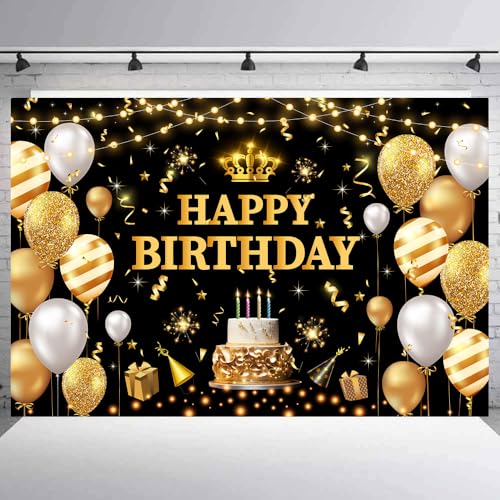 YinQin 180x120 cm Glitter Black Golden Happy Birthday Party Photo Backdrop Cloth 71x47 inch Photography Background Shiny Black Gold Happy Birthday Sign Banner Decorations for Women Men - Image 4