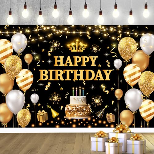 YinQin 180x120 cm Glitter Black Golden Happy Birthday Party Photo Backdrop Cloth 71x47 inch Photography Background Shiny Black Gold Happy Birthday Sign Banner Decorations for Women Men - Image 5