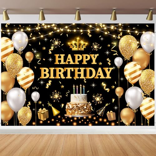 YinQin 180x120 cm Glitter Black Golden Happy Birthday Party Photo Backdrop Cloth 71x47 inch Photography Background Shiny Black Gold Happy Birthday Sign Banner Decorations for Women Men - Image 2