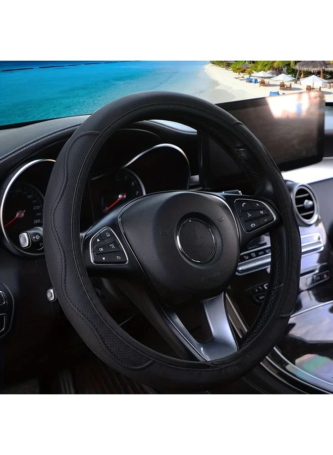 Black Green PU Leather Perforated Steering Wheel Cover For 37 38cm Cars All Season - Image 5