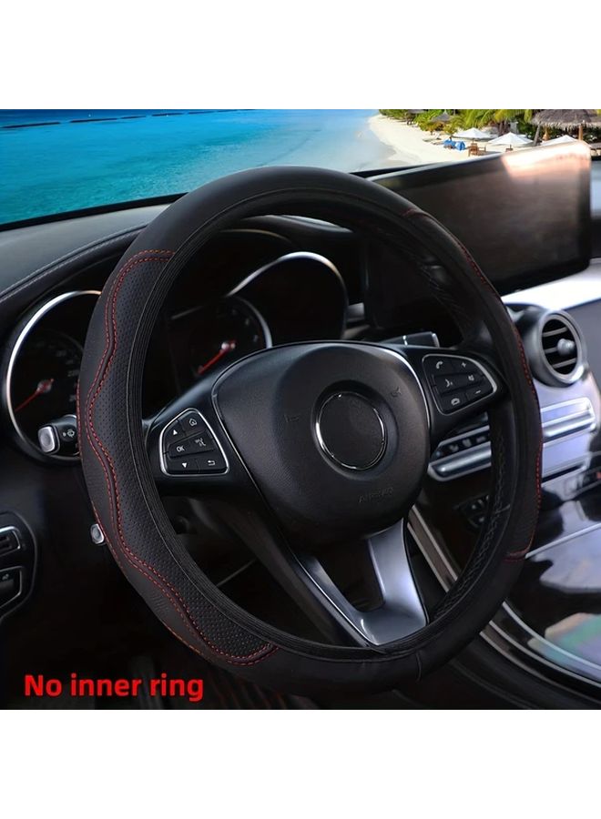Black Green PU Leather Perforated Steering Wheel Cover For 37 38cm Cars All Season - Image 3