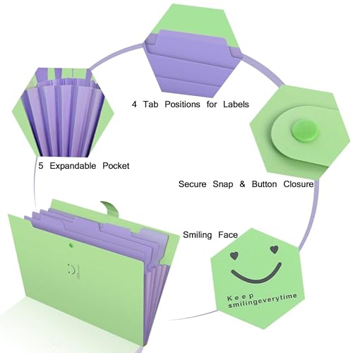 NISUN 5 Pockets File Organizer, Expanding File Folder, Accordion Document Organizer, Adjustable Buckle Folder, A4 Portable Accordion Paper/Bill/Receipt Holder (Green) - Image 3