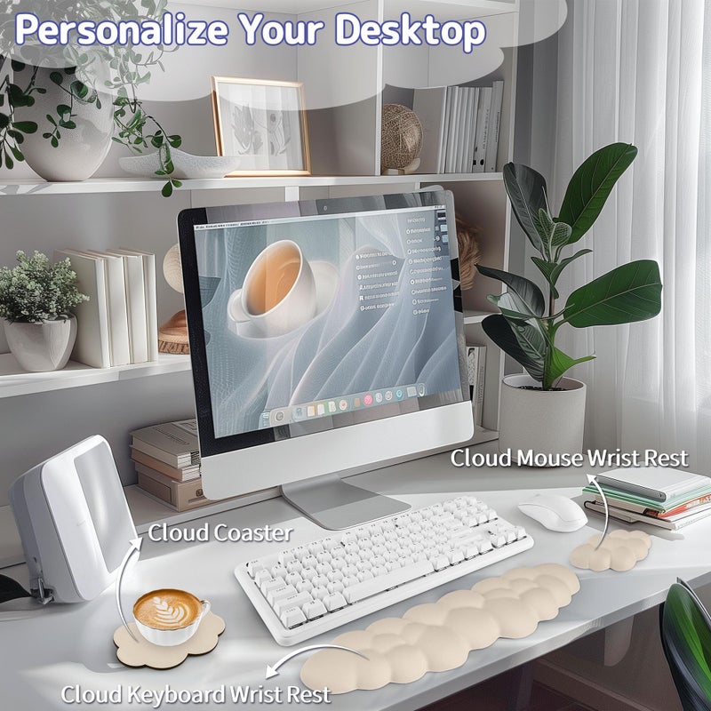 Sushret Cloud Wrist Rest Keyboard, Cloud Keyboard Wrist Pad Set with PU Leather Memory Foam, Cute Arm Rest for Palm Support, PC/Gaming Desk Accessories/Office Setup/Computer Hand Cushion - Beige - Image 2