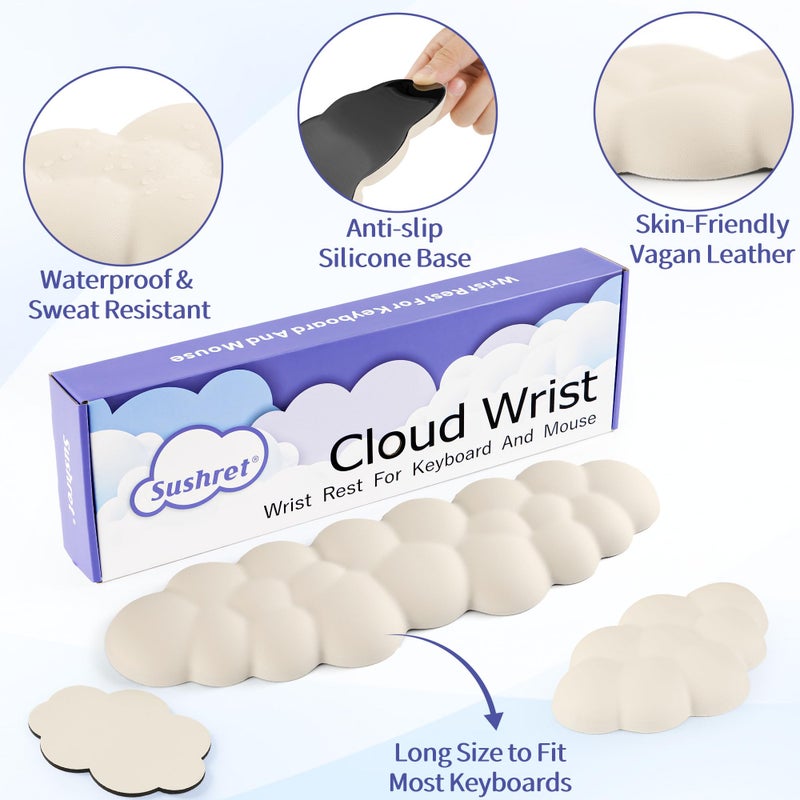 Sushret Cloud Wrist Rest Keyboard, Cloud Keyboard Wrist Pad Set with PU Leather Memory Foam, Cute Arm Rest for Palm Support, PC/Gaming Desk Accessories/Office Setup/Computer Hand Cushion - Beige - Image 5