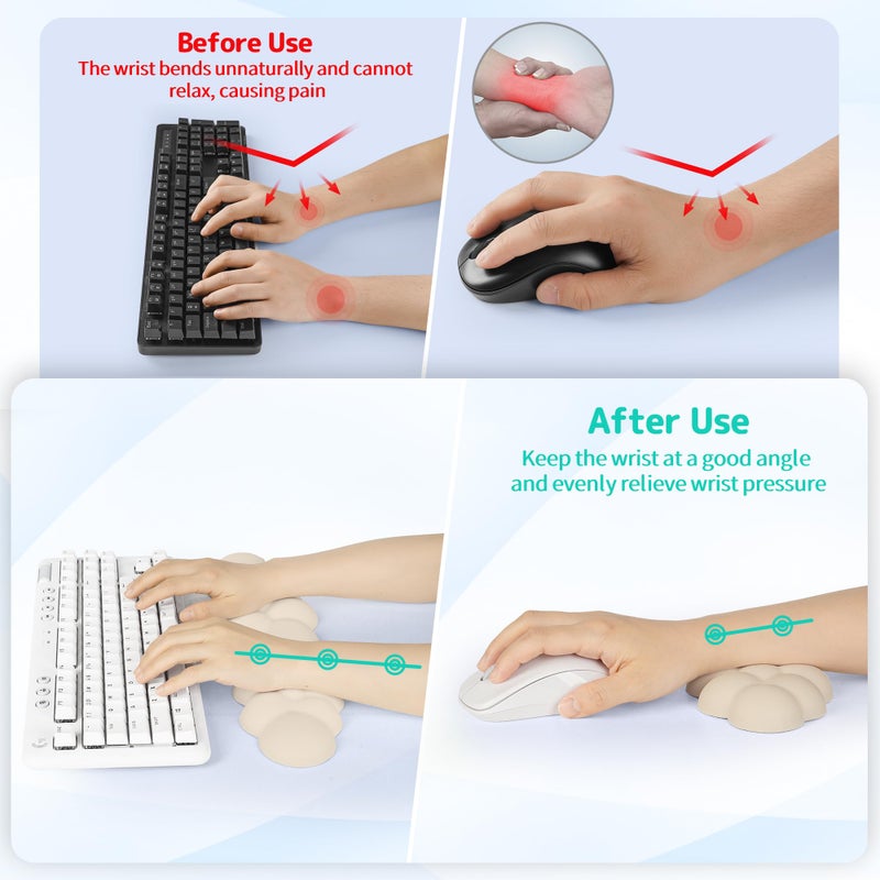 Sushret Cloud Wrist Rest Keyboard, Cloud Keyboard Wrist Pad Set with PU Leather Memory Foam, Cute Arm Rest for Palm Support, PC/Gaming Desk Accessories/Office Setup/Computer Hand Cushion - Beige - Image 3