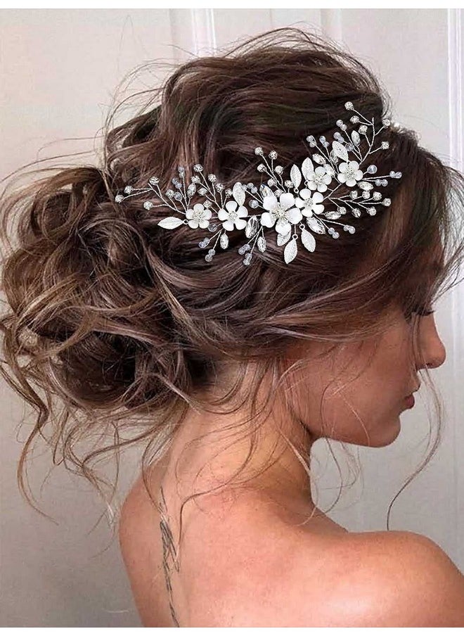 يونيكرا قطعة شعر العروس الفضية على شكل زهرة الكرمة لحفلات الزفاف، إكسسوارات شعر مرصعة بأحجار الراين، قطع رأس من الكريستال، مجوهرات للنساء والفتيات  - Image 1