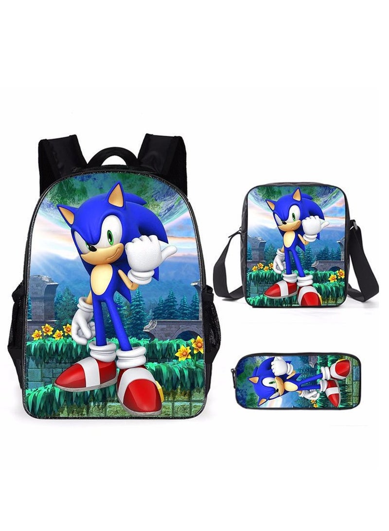 Sonic student large capacity backpack three piece set, anime cartoon backpack, shoulder bag pen bag