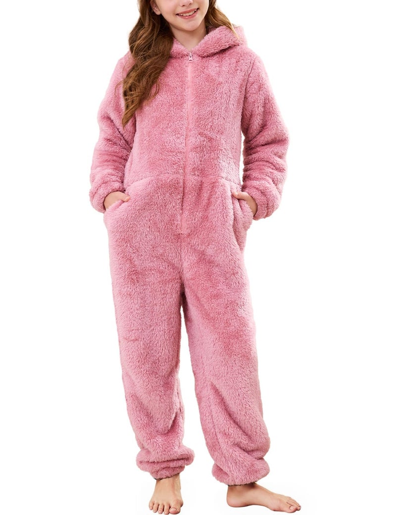 Flygo Girls Fleece Jumpsuits Fuzzy Hooded Rompers Kids Zip up Onesie Romper Costume Warm Winter Clothes 5-14 Years(Pink-L) - Image 1