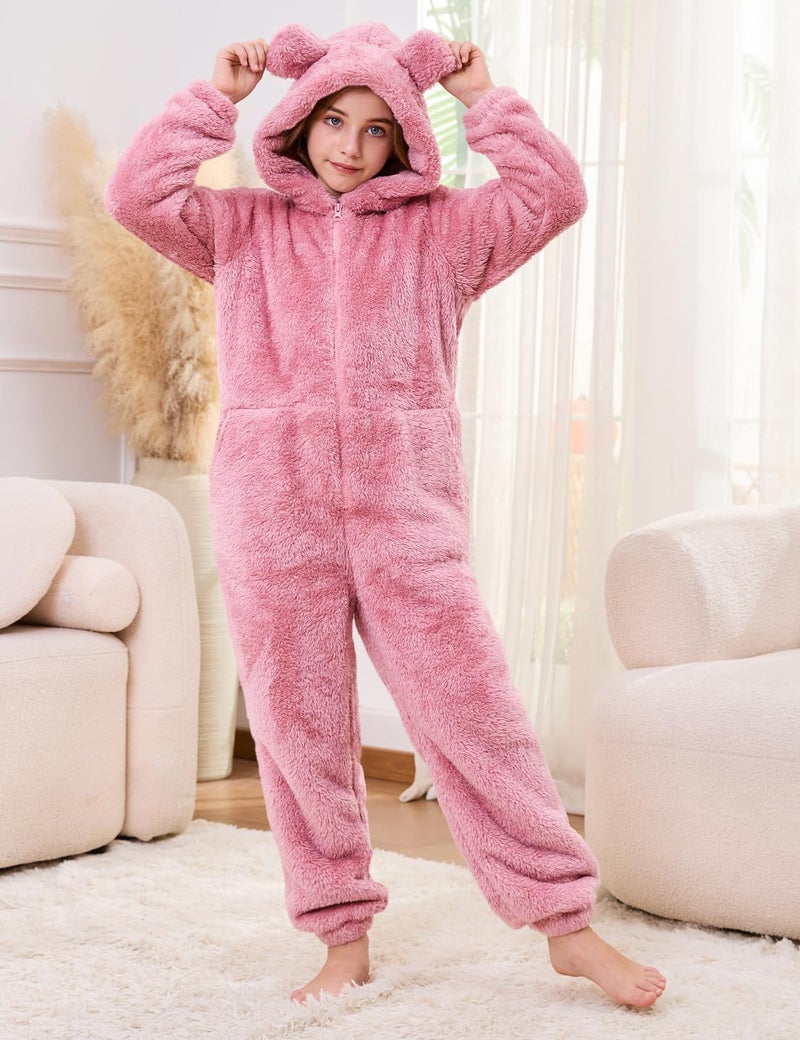 Flygo Girls Fleece Jumpsuits Fuzzy Hooded Rompers Kids Zip up Onesie Romper Costume Warm Winter Clothes 5-14 Years(Pink-L) - Image 5
