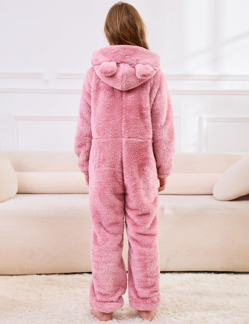 Flygo Girls Fleece Jumpsuits Fuzzy Hooded Rompers Kids Zip up Onesie Romper Costume Warm Winter Clothes 5-14 Years(Pink-L) - Image 3