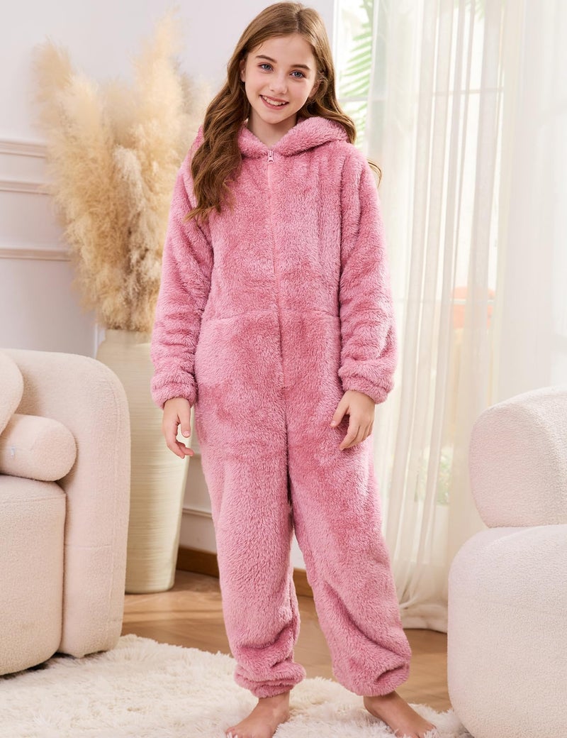 Flygo Girls Fleece Jumpsuits Fuzzy Hooded Rompers Kids Zip up Onesie Romper Costume Warm Winter Clothes 5-14 Years(Pink-L) - Image 2