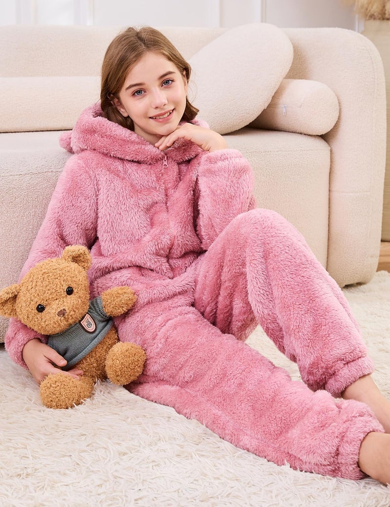 Flygo Girls Fleece Jumpsuits Fuzzy Hooded Rompers Kids Zip up Onesie Romper Costume Warm Winter Clothes 5-14 Years(Pink-L) - Image 4