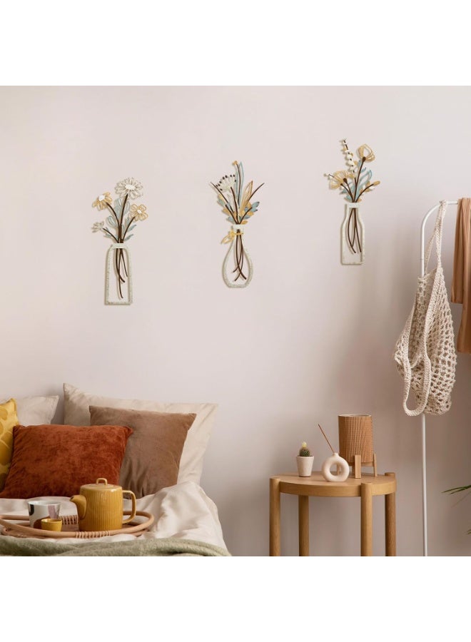 3 Pieces Metal Flowers Wall Arts - Rustic Farmhouse Decor Beige Minimalist Flower Wall Decors for Living room Bathroom Bedroom Dining Room-Housewarming Gifts (Beige, Vase-C) - Image 5