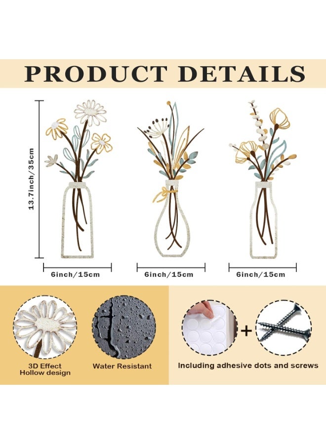 3 Pieces Metal Flowers Wall Arts - Rustic Farmhouse Decor Beige Minimalist Flower Wall Decors for Living room Bathroom Bedroom Dining Room-Housewarming Gifts (Beige, Vase-C) - Image 2