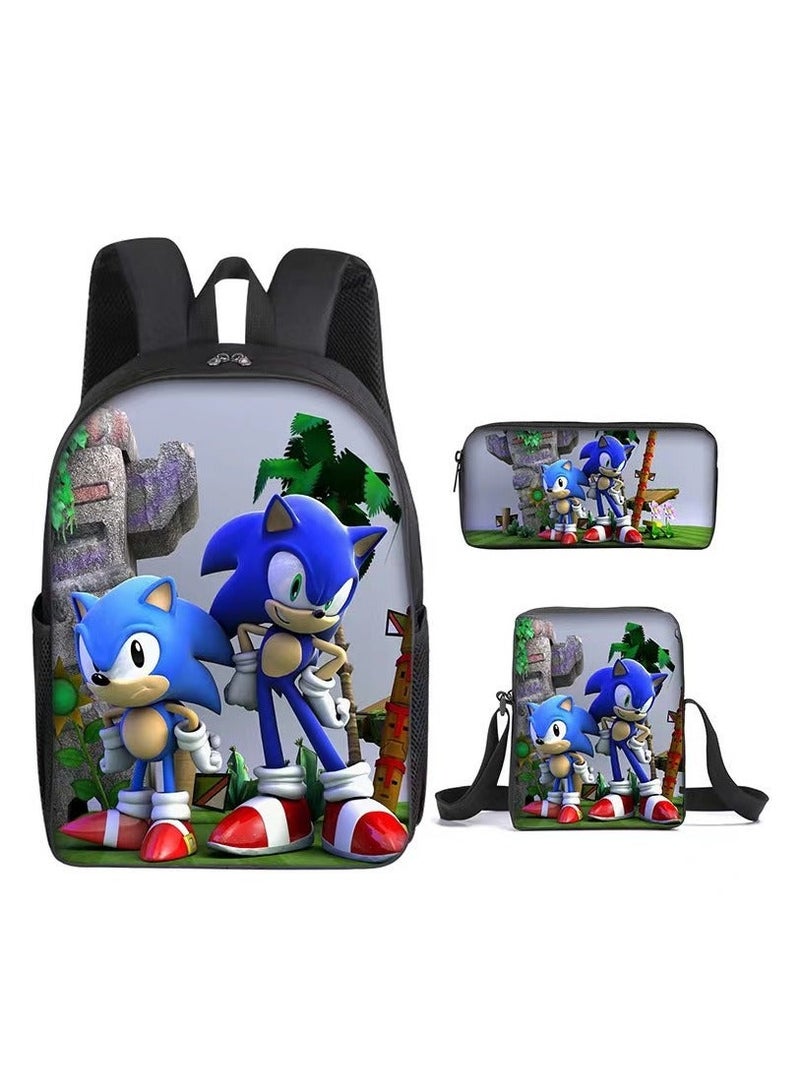 SONIC حقيبة ظهر سونيك للطلاب بسعة كبيرة مجموعة من ثلاثة قطع، حقيبة ظهر كرتونية أنمي، حقيبة كتف، حقيبة أقلام