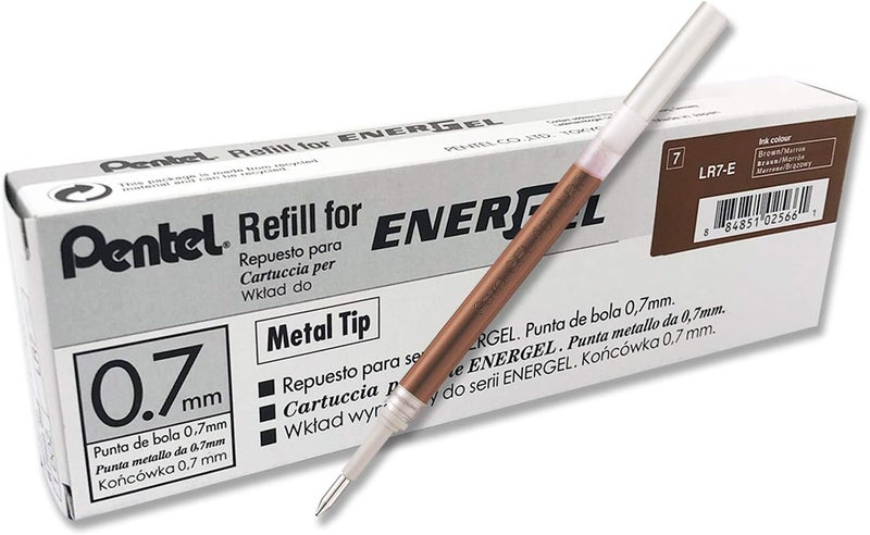 Pentel Refill Ink for EnerGel RTX Retractable Gel Pen 12 Pack, 0.7mm, Medium Point, Brown (LR7-E) - Image 1