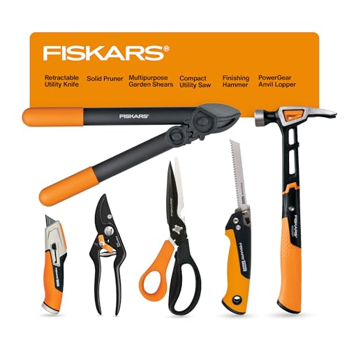 Fiskars Home Essentials Tool Kit with PowerGear Lopper, Shears, Bypass Pruner, Folding Saw with 2 Blades, IsoCore Hammer, and Utility Knife, for Indoor Use and Outdoor Gardening (6 Piece Kit) - Image 1