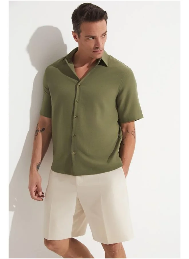 JUNE June Men Linen Look Short Sleeve Shirt Khaki