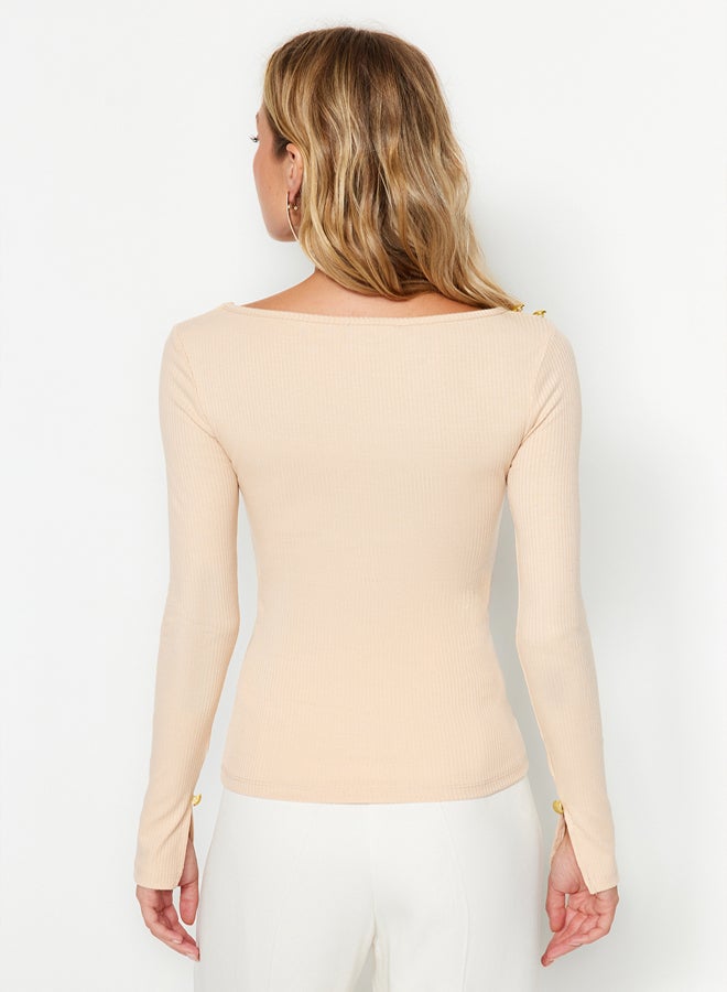 trendyol Stones Boat Collar Corduroy Flexible Regular Fit Long Sleeve Button Detailed Knitted Blouse TWOAW24BZ00052. - Image 5