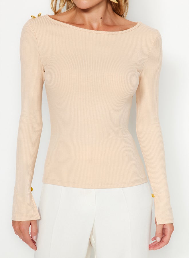 trendyol Stones Boat Collar Corduroy Flexible Regular Fit Long Sleeve Button Detailed Knitted Blouse TWOAW24BZ00052. - Image 4