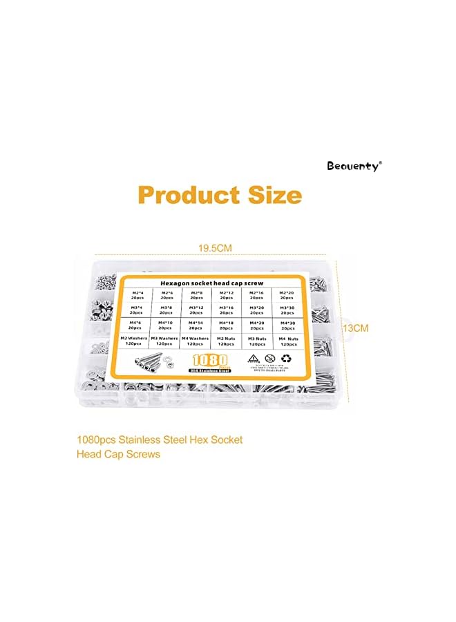 Beauenty 304 Stainless Steel M2 M3 M4,Hex Socket Screws Nuts Spring Washers Kit,for Machine, Electronic, Wood, Household, Communication(1080pcs) - Image 4