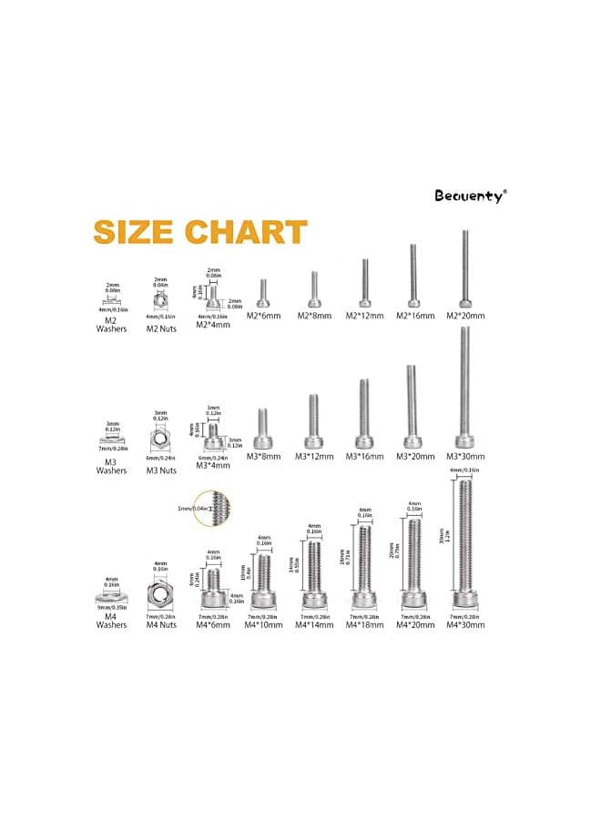 Beauenty 304 Stainless Steel M2 M3 M4,Hex Socket Screws Nuts Spring Washers Kit,for Machine, Electronic, Wood, Household, Communication(1080pcs) - Image 3