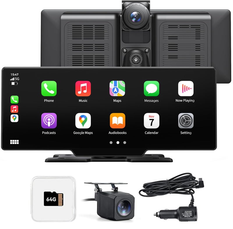 Carpeer Portable Apple Carplay Screen for Car, 10" Wireless Car Play Touchscreen with 4K Dash Cam, 1080P Backup Camera, Carplay&Android Auto, Loop Recording, GPS Navigation, Bluetooth - Image 1