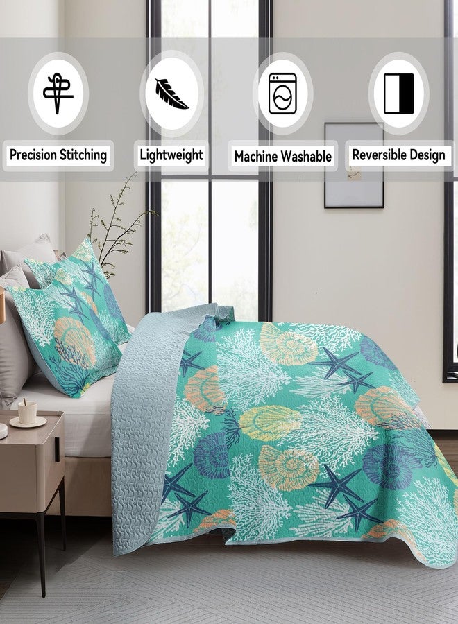 Tritard 3 Piece Coastal Quilt Sets Full/Queen Size - Reversible Microfiber Quilts with 2 Shams Soft Lightweight Beach Bedding Nautical Bedspread Coverlet Summer Comforter for All Season, 90''x96'', C3 - Image 3