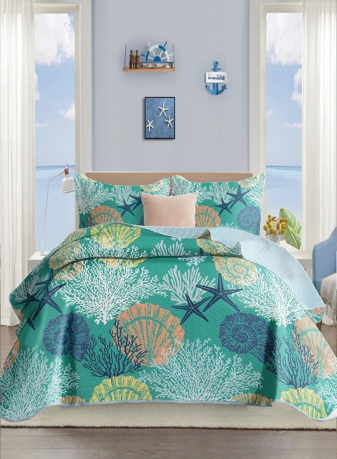 Tritard 3 Piece Coastal Quilt Sets Full/Queen Size - Reversible Microfiber Quilts with 2 Shams Soft Lightweight Beach Bedding Nautical Bedspread Coverlet Summer Comforter for All Season, 90''x96'', C3 - Image 1