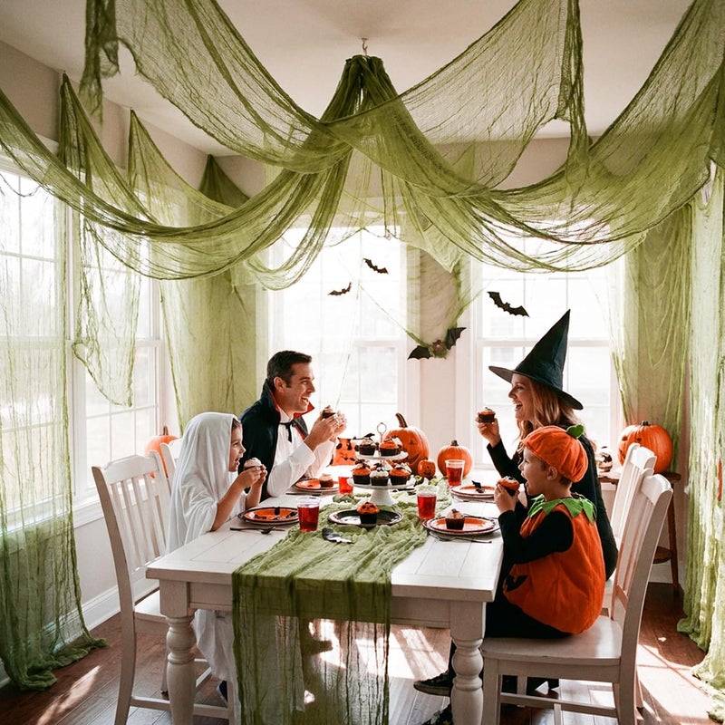 RunNico 197'' x 85'' Halloween Green Scary Gauze, Fine Yarn Bloody Creepy Cloth for Haunted House, Spooky Fabric Hanging Decoration for Horror Themed Nightmare Party Porch Yard Wall Decor - Image 5