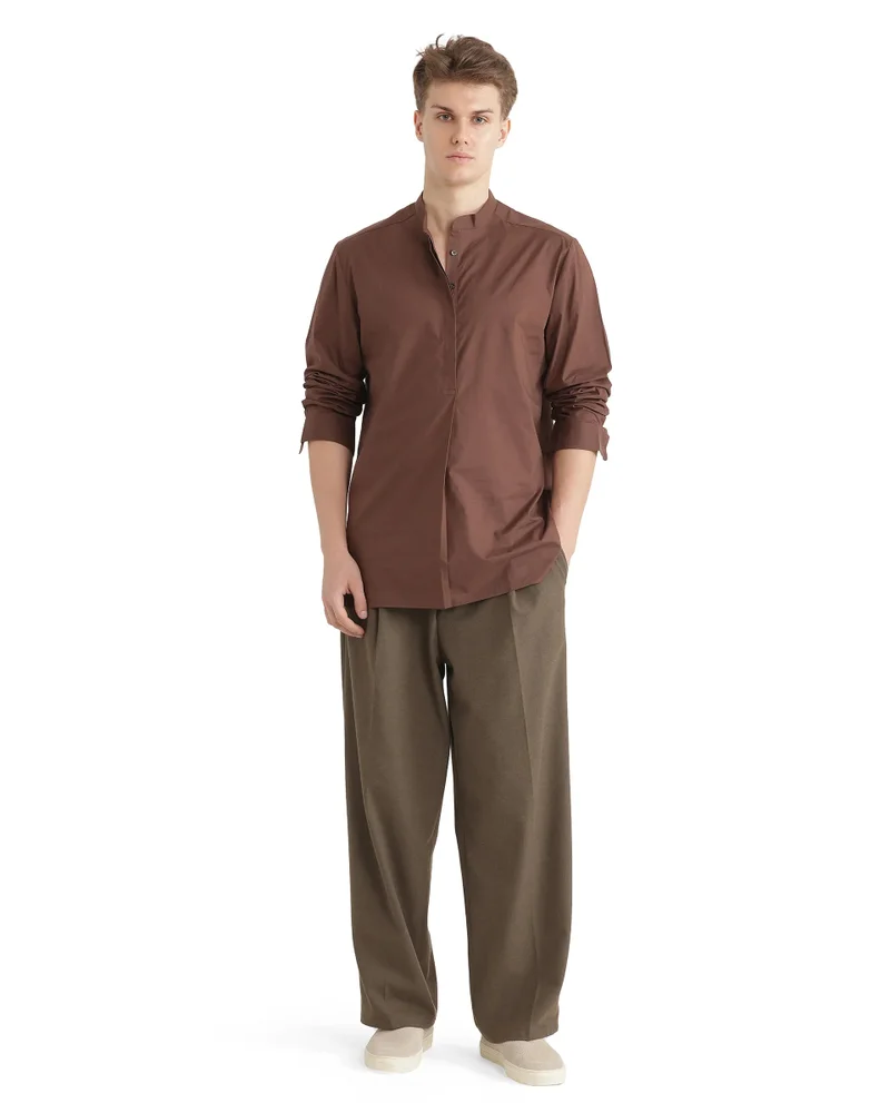 Rare Rabbit Rare Rabbit Men Pach Brown Cotton Fabric Full Sleeve Mandarin Collared Button Closure Regular Fit Plain Shirt