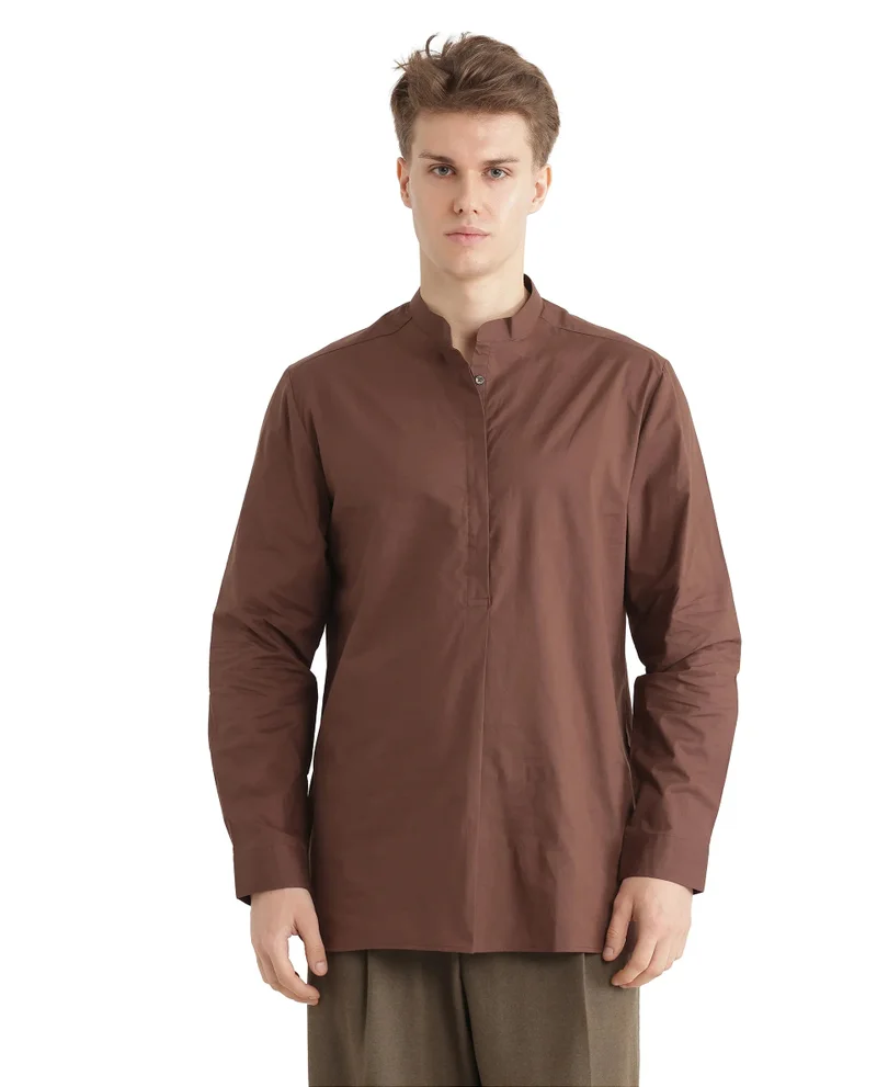 Rare Rabbit Rare Rabbit Men Pach Brown Cotton Fabric Full Sleeve Mandarin Collared Button Closure Regular Fit Plain Shirt