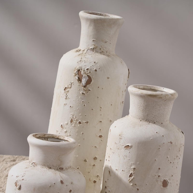 SIDUCAL Ceramic Rustic Farmhouse Vase Set of 3, Whitewashed Terracotta Vase, Clay Decorative Vases for Home Decor, Living Room, Shelf, Mantel Decoration(Rustic White) - Image 5
