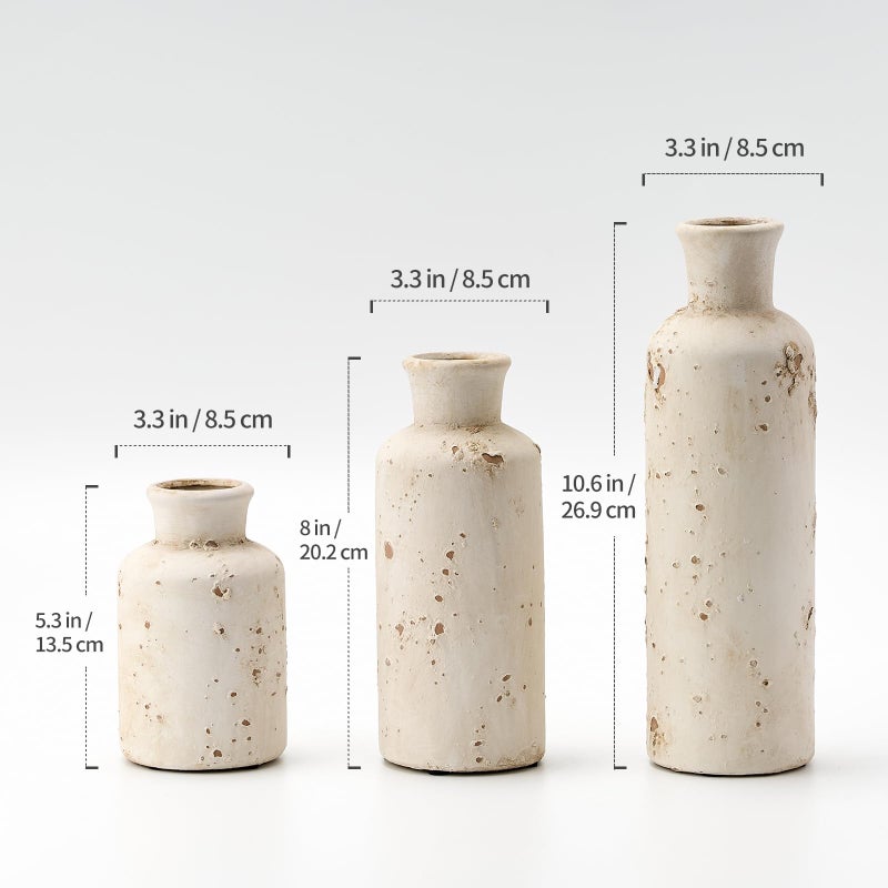 SIDUCAL Ceramic Rustic Farmhouse Vase Set of 3, Whitewashed Terracotta Vase, Clay Decorative Vases for Home Decor, Living Room, Shelf, Mantel Decoration(Rustic White) - Image 2