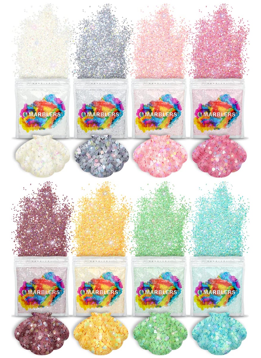 MARBLERS MARBLERS Holographic Glitter [Mermaid 8 Color Set] 4oz (112g) | Chunky | Non-Toxic, Vegan, Cruelty-Free | Face, Body, Eyeshadow, Hair, Party Makeup | Nail Art, Polish | Resin, Tumbler, Slime, Craft 