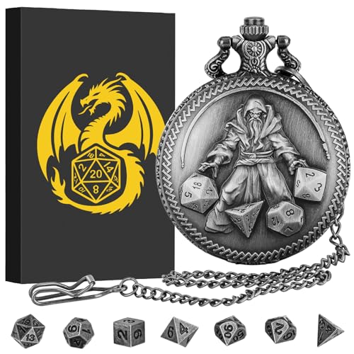 Keller & Weber Mini DND Dice Set Hand Held Dice Wizard Pocket Watch Shell Case 7 Piece Polyhedral Metal DD Dice Set DND Gifts with Gift Box Role Playing Board Game Accessories Dark Silver - Image 1